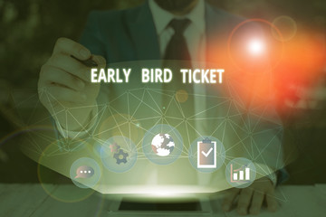 Word writing text Early Bird Ticket. Business photo showcasing Buying a ticket before it go out for sale in regular price