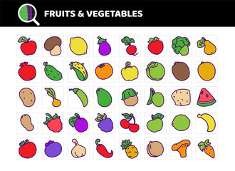 Fruits and vegetables flat vector icons set. colored line and fill.