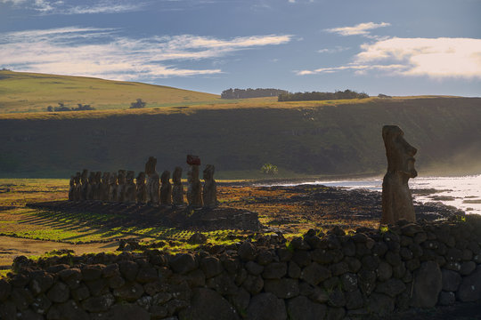 Moais on Ahu Tongariki at sun rise. Easter Island.Chile