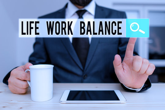 Text sign showing Life Work Balance. Business photo showcasing stability demonstrating needs between his job and demonstratingal time Male human wear formal clothes present presentation use hi tech