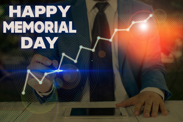 Writing note showing Happy Memorial Day. Business concept for Honoring Remembering those who died in military service