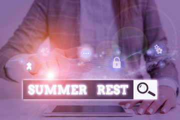 Conceptual hand writing showing Summer Rest. Concept meaning taking holiday break or unwind from...