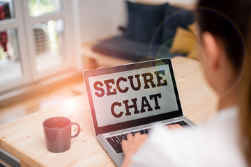 Writing note showing Secure Chat. Business concept for approach to protect messages when sent beyond the corporate woman laptop computer office supplies technological devices inside home