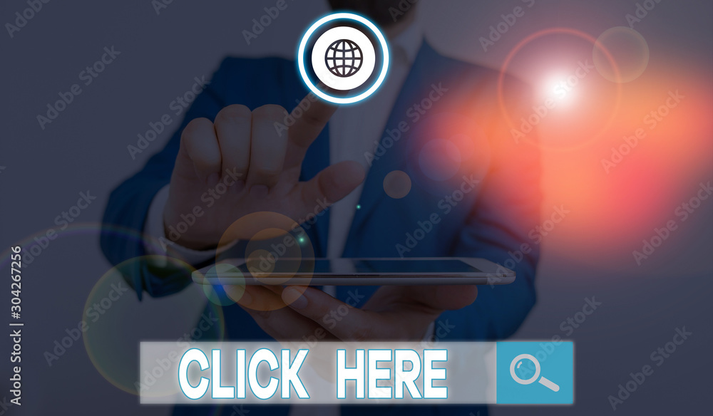 Poster word writing text click here. business photo showcasing carry out a computer operation by pressing a