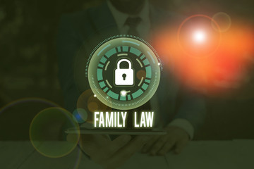 Conceptual hand writing showing Family Law. Concept meaning the branch of law that deals with matters relating to the family