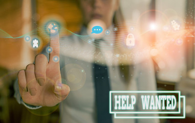 Writing note showing Help Wanted. Business concept for An ad in the paper an employer places to...