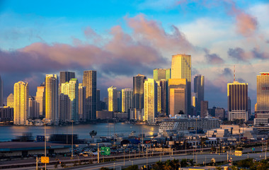 Fototapeta na wymiar Skyline of the Miami, Florida, view from the sea port.
