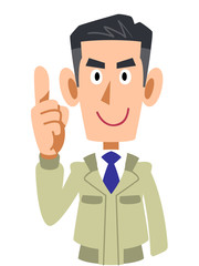 人差し指を立てて説明する作業着を着た男性の上半身