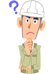 疑問を持つヘルメットを被り作業着を着た男性の上半身