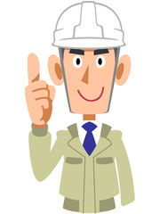 人差し指を立てるヘルメットを被り作業着を着た男性の上半身