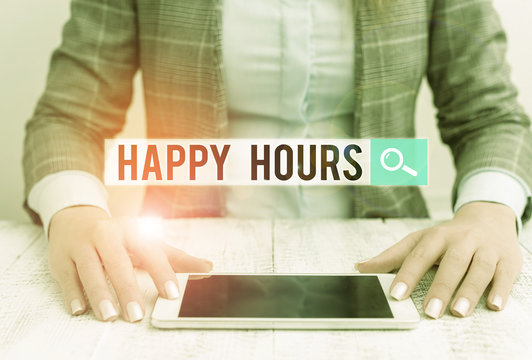 Handwriting text Happy Hours. Conceptual photo when drinks are sold at reduced prices in a bar or restaurant Business woman sitting with mobile phone on the table