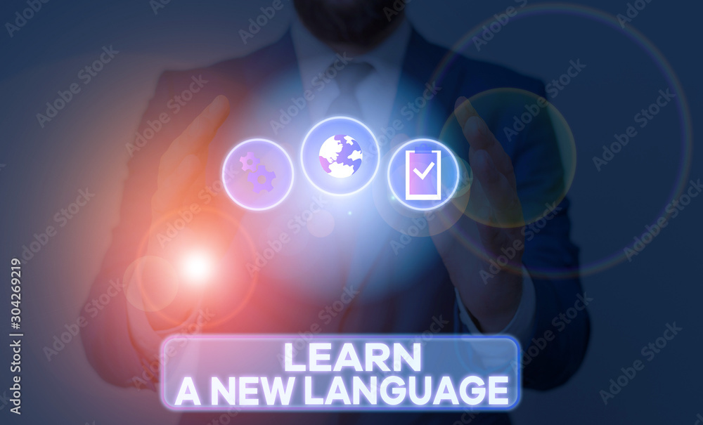 Poster word writing text learn a new language. business photo showcasing study words other than the native 