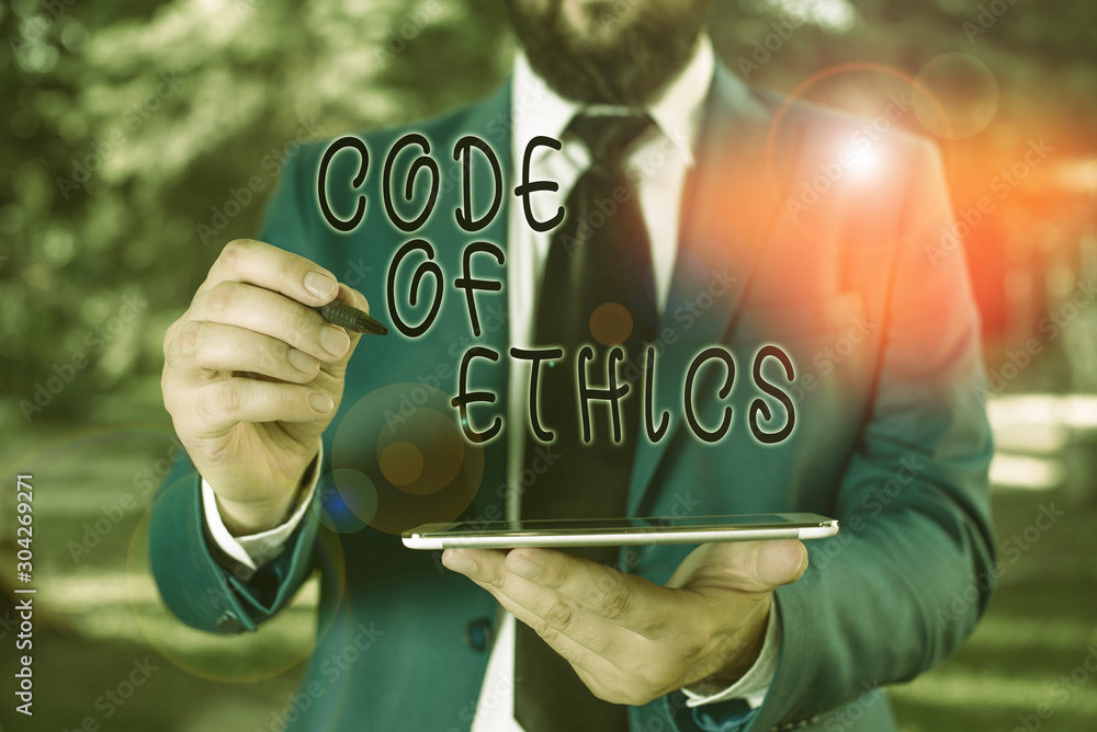 Poster writing note showing code of ethics. business concept for moral rules ethical integrity honesty good