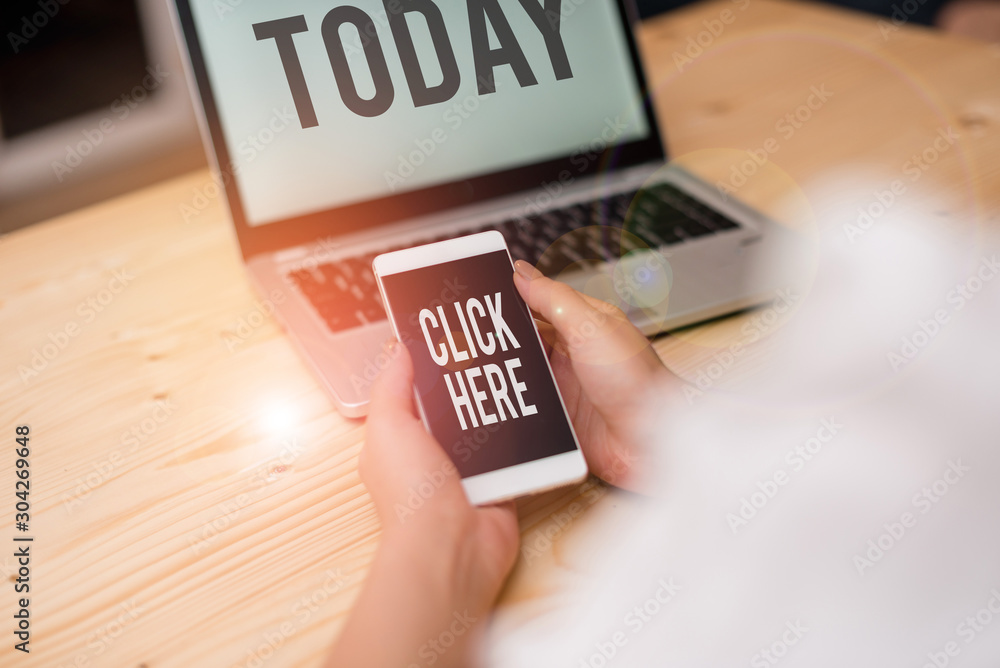 Aufkleber text sign showing click here. business photo showcasing carry out a computer operation by pressing a