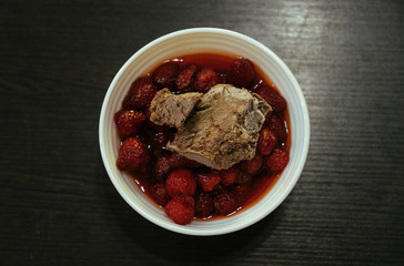 Strawberry with chocolade Ice Cream in white bowl