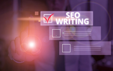 Conceptual hand writing showing Seo Writing. Concept meaning grabbing the attention of the search...