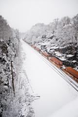 Obraz premium Freight train moving along the tracks in winter.