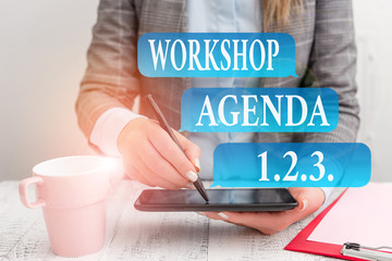 Writing note showing Workshop Agenda 123. Business concept for help to ensure that Event Stays on...