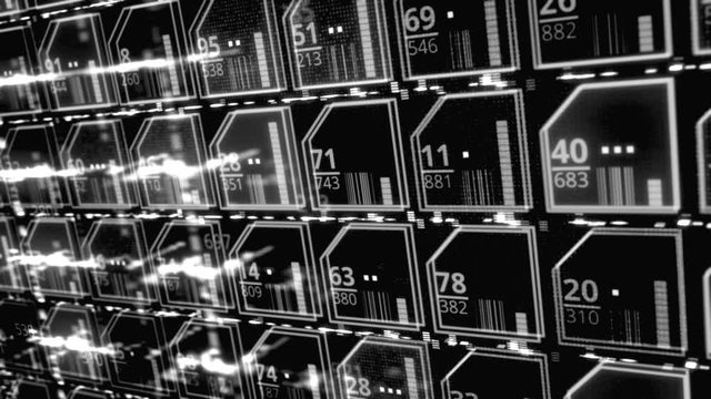 Monochrome abstraction of digital folders with flickering digits of business, finance, technology or marketing on display screen. Animation. Big data on LED panel