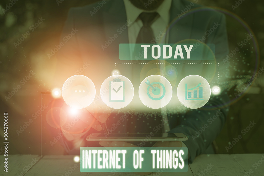 Poster writing note showing internet of things. business concept for connection of devices to the net to se