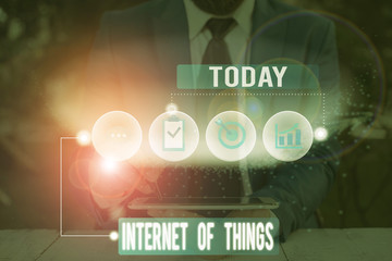 Writing note showing Internet Of Things. Business concept for connection of Devices to the Net to Send Receive Data