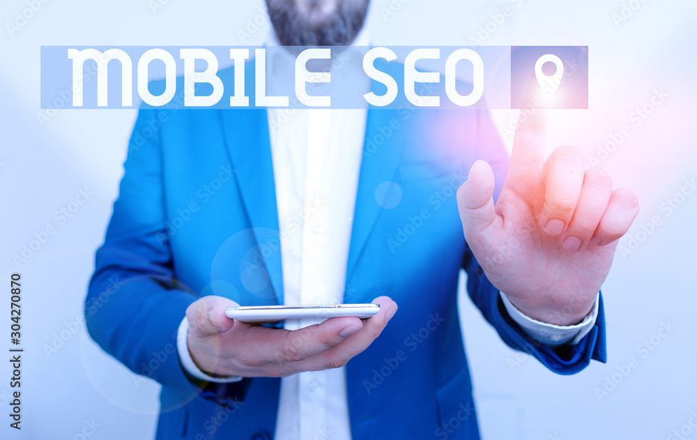 Poster handwriting text writing mobile seo. conceptual photo process of optimizing a website to rank for mo