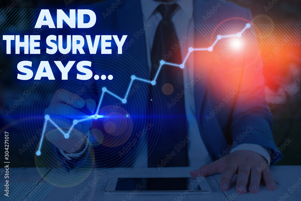 Poster writing note showing and the survey says. business concept for doing poll and bring the results disc