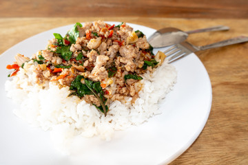 Rice topped with stir-fried pork and basil in a white dish. (Front focus)