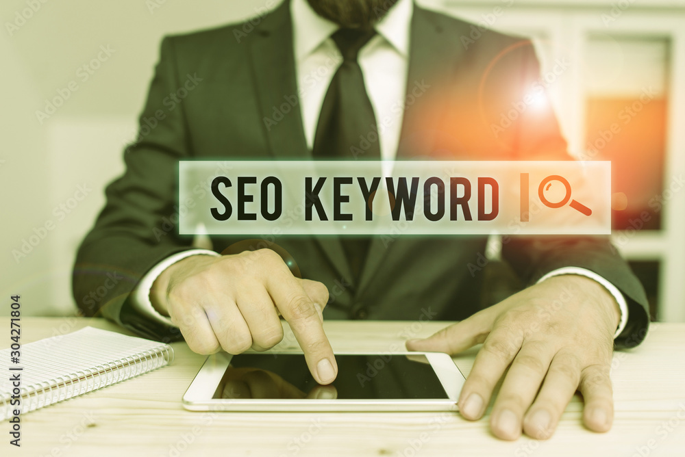 Poster conceptual hand writing showing seo keyword. concept meaning phrases in your web content that help s