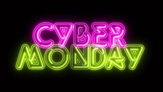 Neon Cyber Monday animation. Flickering Pink and Yellow glowing Font on a Black Background. Easy to Keyout. Sales and discounts.