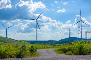 Wind turbine with blue sky. Wind energy. Clean energy