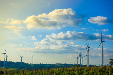 Wind turbine with blue sky. Wind energy. Clean energy