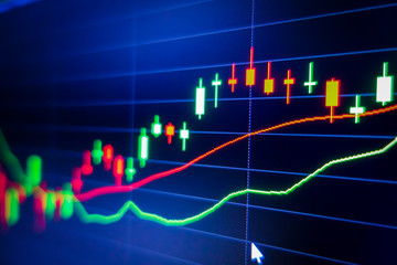 Blue stock exchange market graph on LED screen for business analysis. Finance and economic graphs.