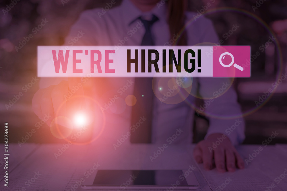 Poster writing note showing we are re hiring. business concept for process of reviewing applications and fi