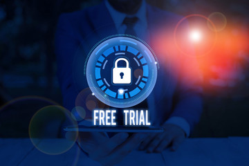 Conceptual hand writing showing Free Trial. Concept meaning Product or service offered for no cost...