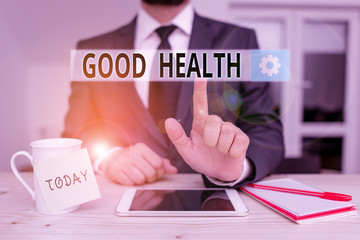 Text sign showing Good Health. Business photo text state of being vigorous and free from bodily or mental disease Male human wear formal clothes present presentation use hi tech smartphone