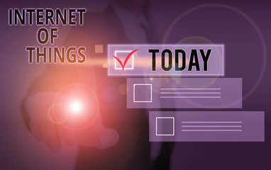 Writing note showing Internet Of Things. Business concept for connection of Devices to the Net to Send Receive Data