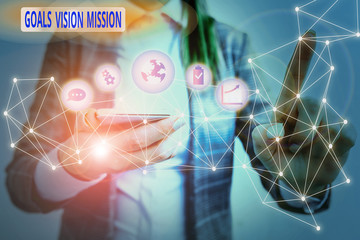 Text sign showing Goals Vision Mission. Business photo text practical planning process used to help community group Picture photo system network scheme modern technology smart device