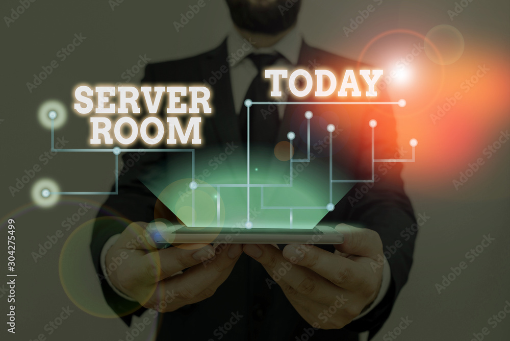 Poster conceptual hand writing showing server room. concept meaning a room used to store power and operate 