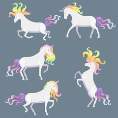 Set of unicorns with multi-colored mane and tail. Vector graphics.