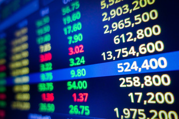 Blue stock exchange market graph on LED screen for business analysis. Finance and economic graphs.