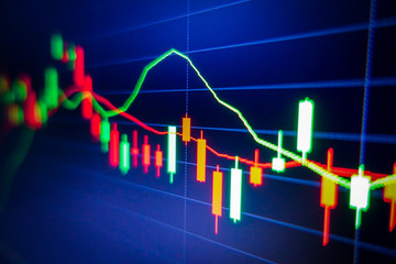 Blue stock exchange market graph on LED screen for business analysis. Finance and economic graphs.
