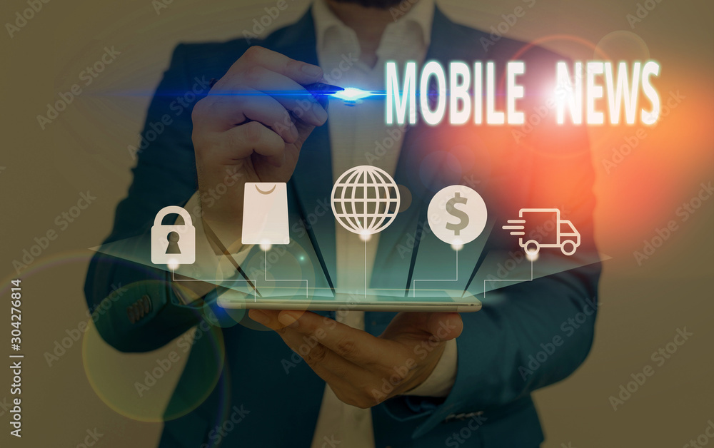 Poster writing note showing mobile news. business concept for the delivery and creation of news using mobil