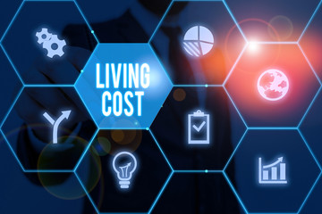 Writing note showing Living Cost. Business concept for the amount of money that a demonstrating needs to sustain life