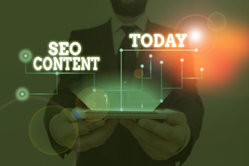 Conceptual hand writing showing Seo Content. Concept meaning creating content that helps web pages...
