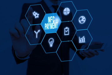 Text sign showing Nfc Payment. Business photo showcasing contactless payment that use nearfield communication technology