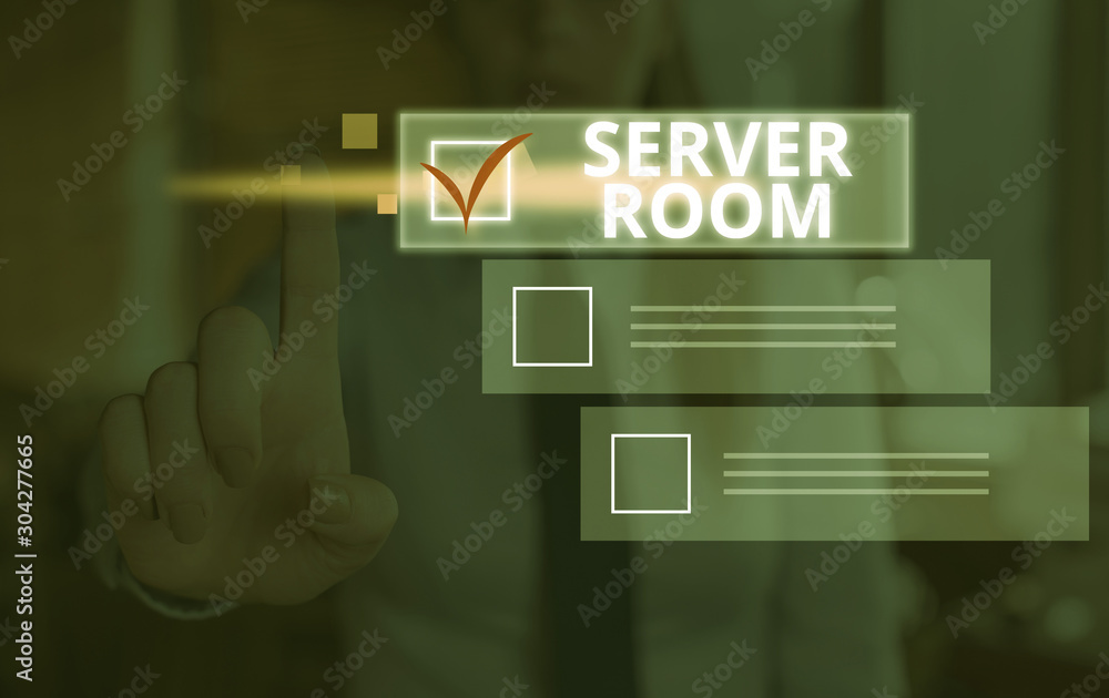Poster conceptual hand writing showing server room. concept meaning a room used to store power and operate 