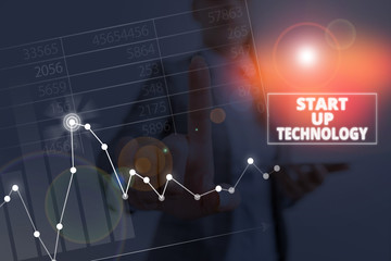 Writing note showing Start Up Technology. Business concept for Young Technical Company initially...