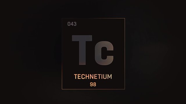 Technetium as Element 43 of the Periodic Table. Seamlessly looping 3D animation on grey illuminated atom design background with orbiting electrons. Design shows name, atomic weight and element number
