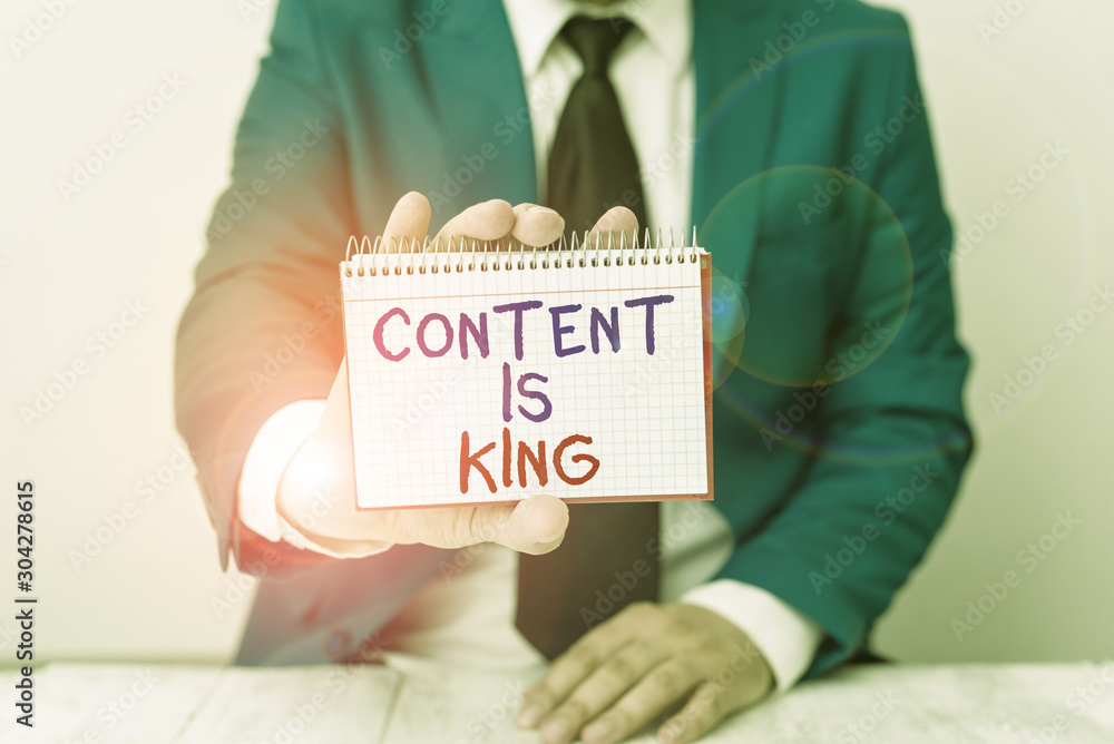 Poster conceptual hand writing showing content is king. concept meaning words what sells products and provi